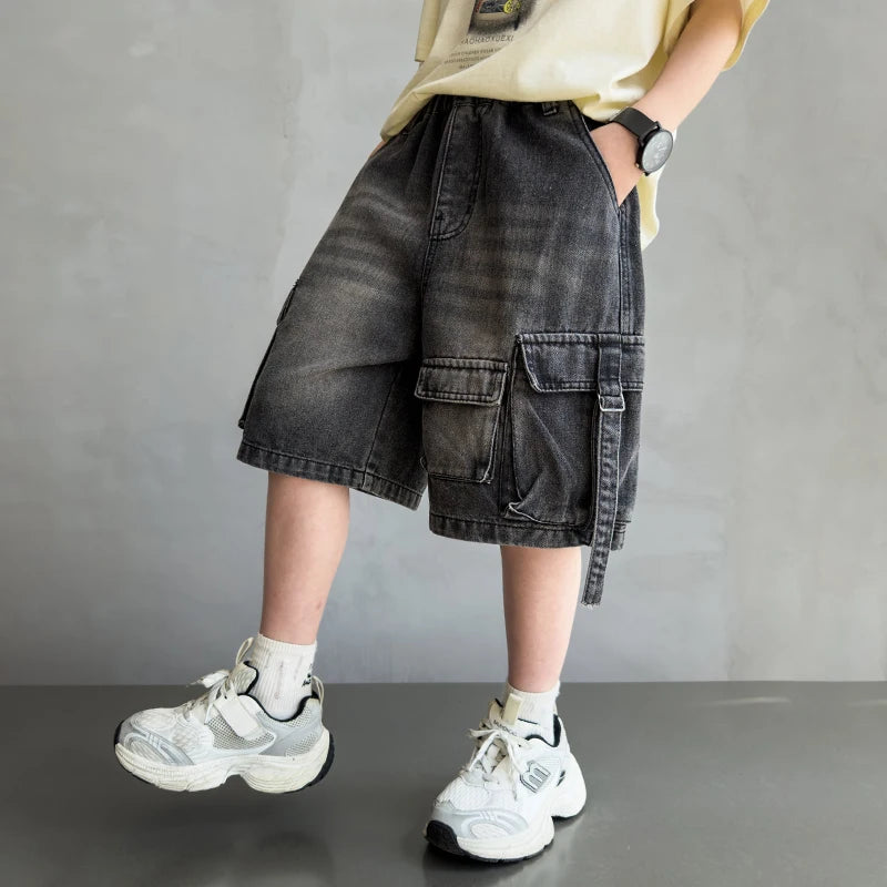 2026 Summer New Kids Designer Black Denim Cargo Shorts Tweens Boy Casual Straight Jeans Shorts For Child Age 5 6 8 10 12 14 Yrs