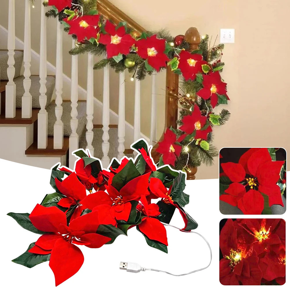 Christmas Garland With Led Lights Artificial Flower Xmas String Lights for Fireplace Winter Xmas Tree Table Decor