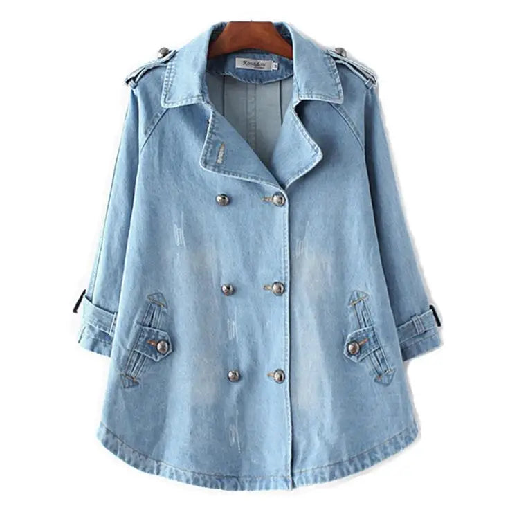Denim Cape Coat Female Jacket Double Breasted Jackets Women Office Lady Windbreaker Denim Basic Coats Autumn Overcoat