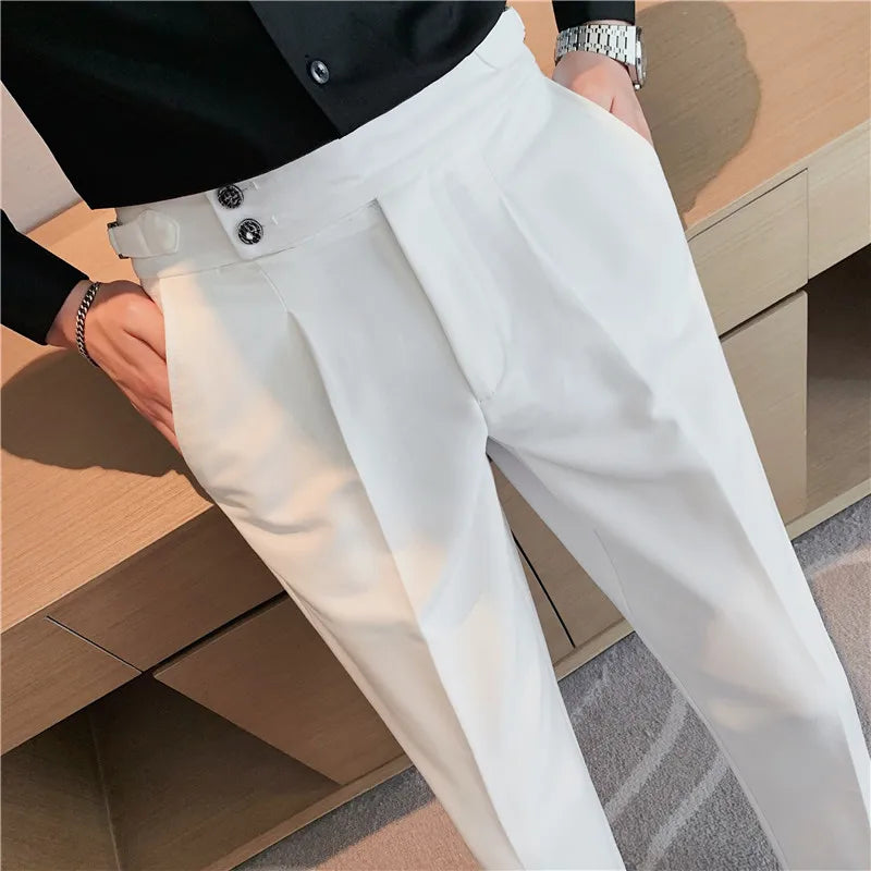 2026 Spring Autumn Men High Waist Belt Design Casual Slim Formal Dress Pant Men Social Office Wedding Party Dress Suit Pants