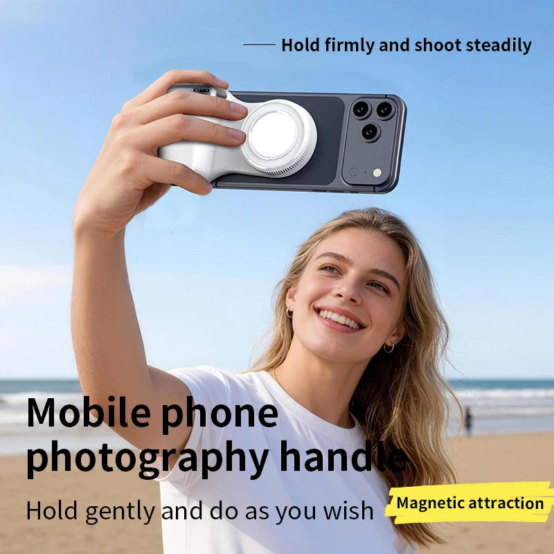 Magnetic Phone Grip with Remote Control Portable Shooting Handle for iPhone Vlog Recording Selfie, Easy One-Hand Operation