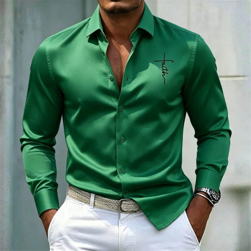2026 new men's shirt solid color long sleeved shirt slim fit no iron business casual formal wear personalized letter printed top