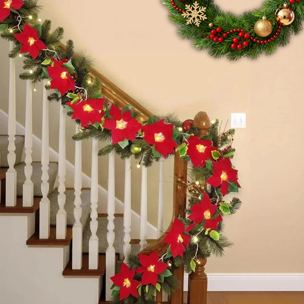 Christmas Garland With Led Lights Artificial Flower Xmas String Lights for Fireplace Winter Xmas Tree Table Decor