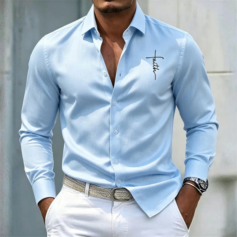 2026 new men's shirt solid color long sleeved shirt slim fit no iron business casual formal wear personalized letter printed top