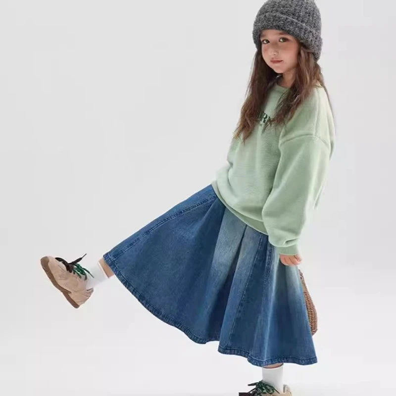 Classic Kids Designer Elastic Waist Long Denim Skirt for Teens Girl Vintage Blue Summer Streetwear Skirt Child Casual Outfit