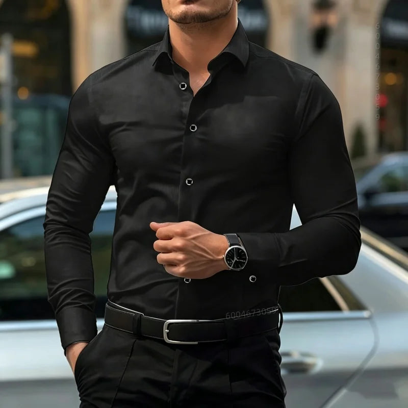 2026 New Men's Contrasting Striped Shirt Street Style Black and White Striped Slim Fit Shirt Business Casual Formal Shirt XS-6XL