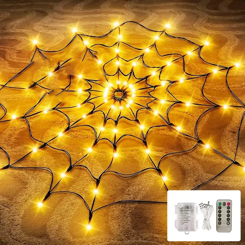 Halloween Remote Control Spider Web LED Lights 70LED Battery Hanging Light For Ghost Festival Party Home Holiday Wall Decor Lamp