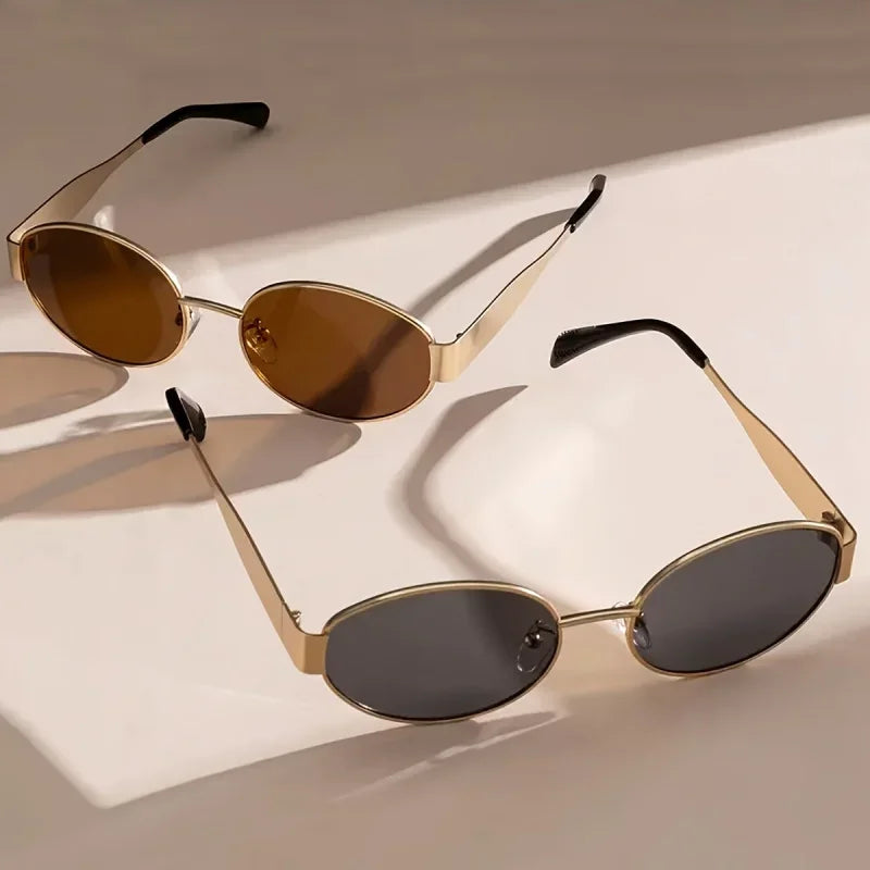 2pcs/ Oval Shape Metal Sunglasses Classic Men's Vintage Sun Glasses Women Outdoor Leisure Eyewear UV400 Ladies Shades