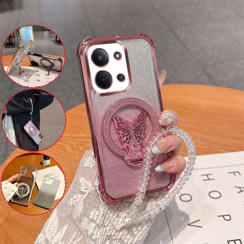 Shockproof Anti-drop Phone Case For Redmi 15C 171mm 173mm Poco C85 15R Glitter Butterfly Stand With Crystal Lanyard Back Cover