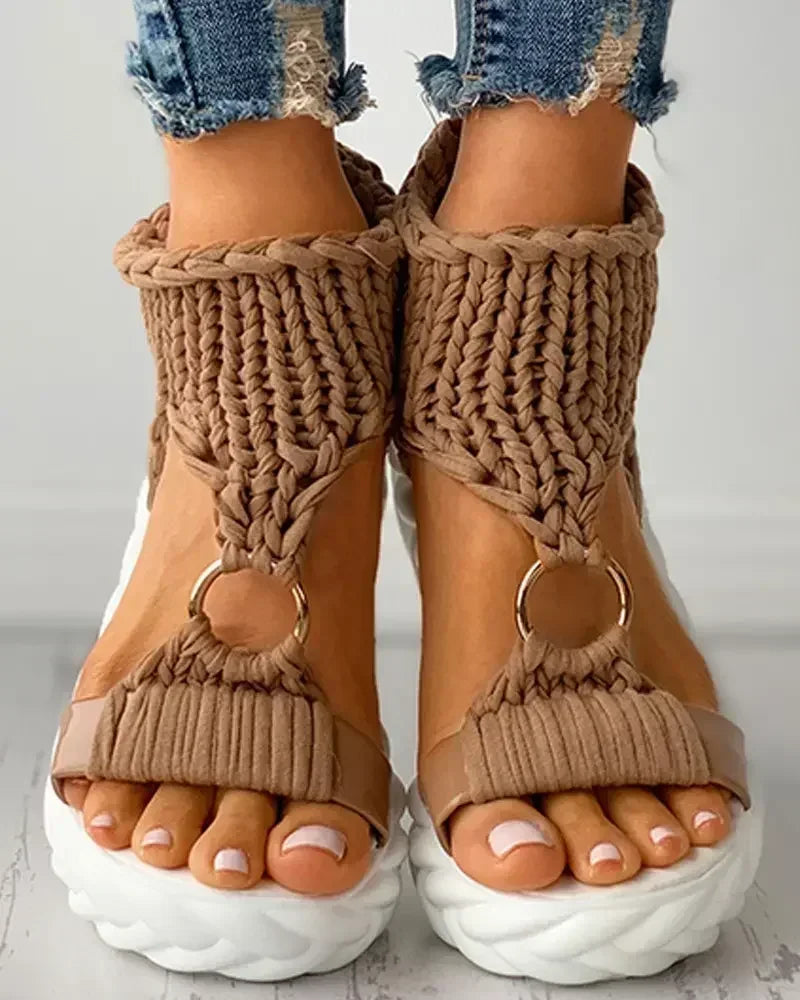 Sandals Women's Braided Knit O-Ring Cutout Platform Summer Gladiator Sandals Shoes Thick Heels Ladies White Sandalias Casual