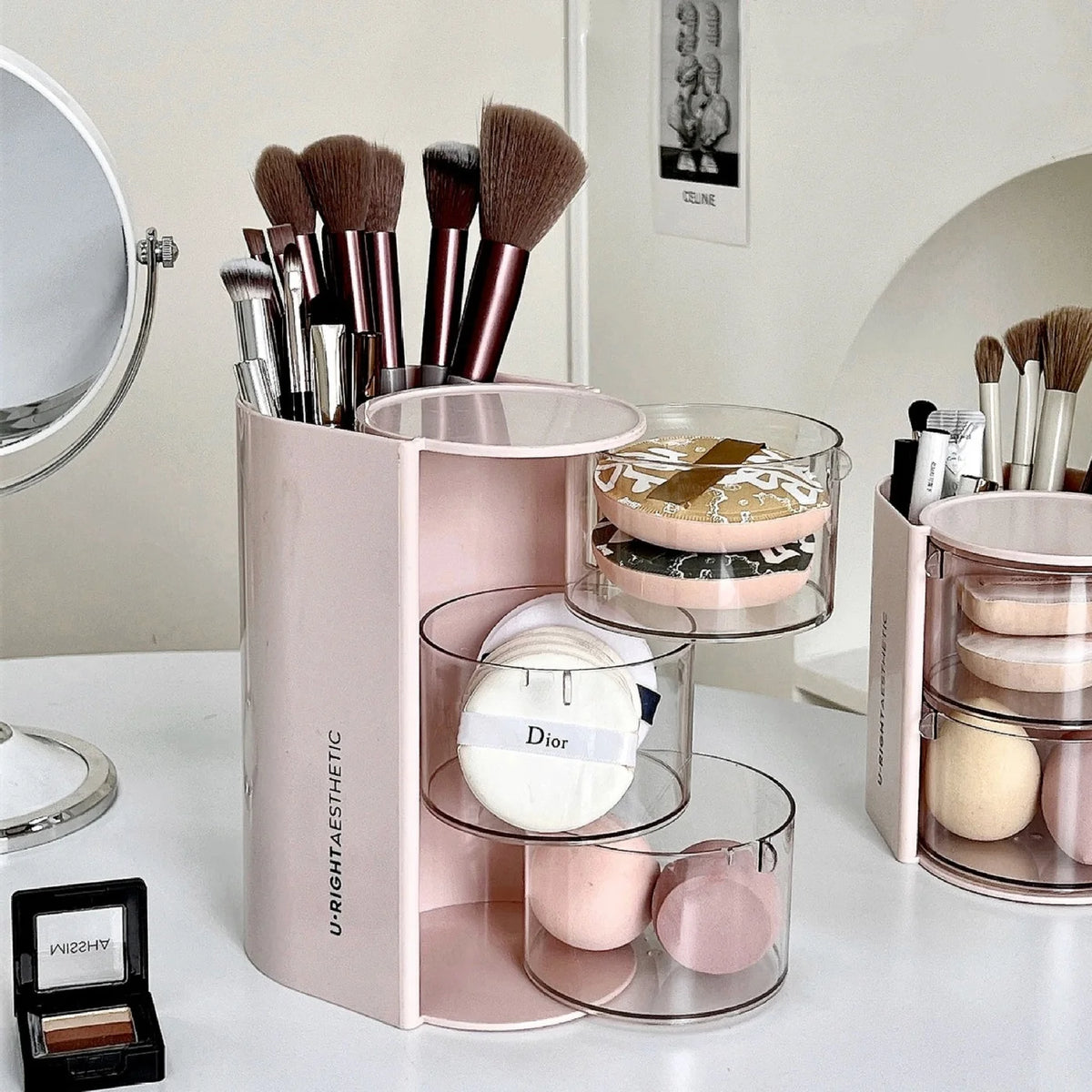 Multi-Layer Hair Accessories Storage Box Rotating Transparent Jewelry Organizer Desktop Case for Makeup Brush Powder Puff