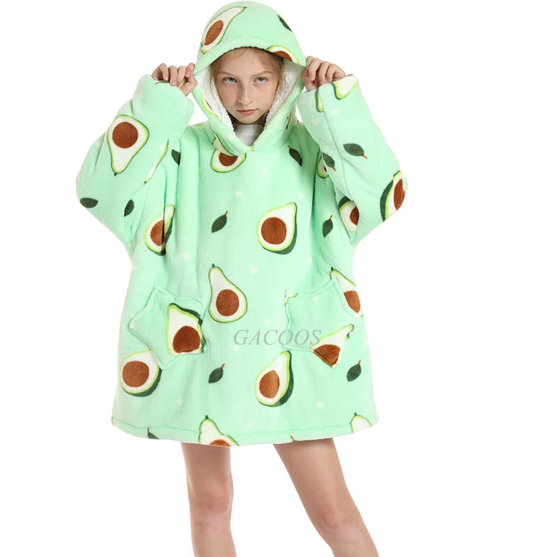 Kids Oversized Hoodie Blanket With Sleeve Boy Girl Sweatshirt Winter Fleece Hoody Avocado Rainbow Dinosaur Print Hooded Sweat