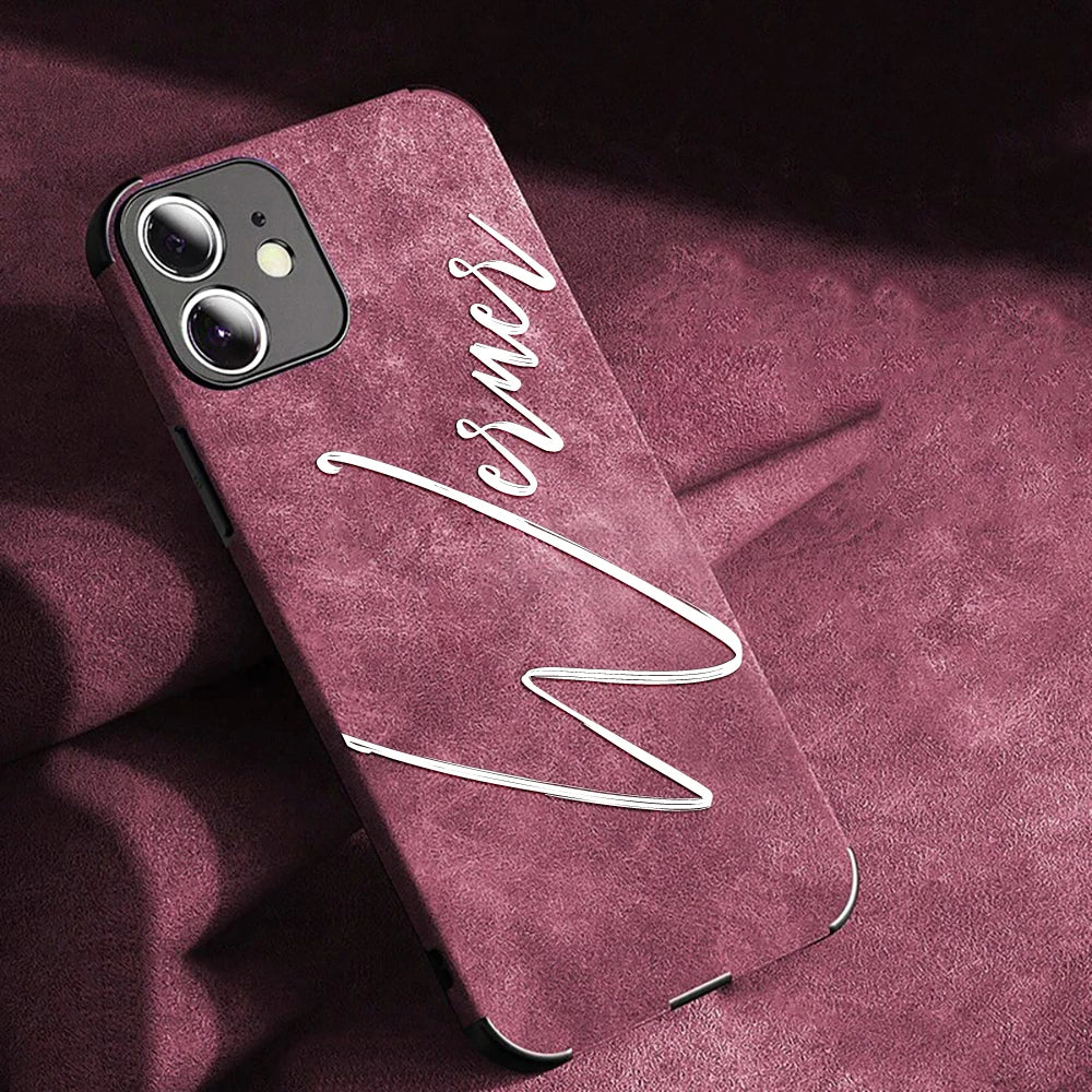 Large Brush Calligraphy Name Customized Phone Case For iPhone18 16 15 14 13 12 11ProMax Lambskin Faux Leather Shockproof Cover