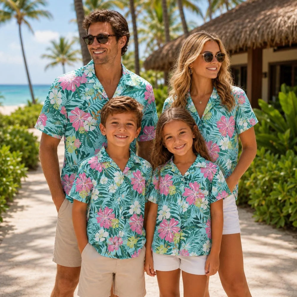 Family Matching Flamingo Hawaiian Shirts Hawaii Beach Floral Matching Outfits Mom Dad Kids Gift for Summer Vacation T-Shirt Tops