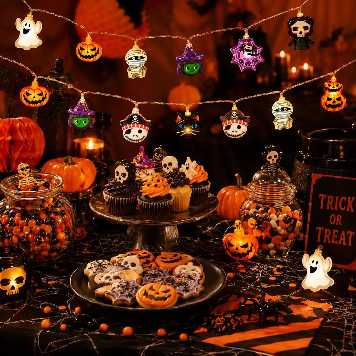 1PC Halloween LED String Lights 10/20 LED Ghost Pumpkin Spider Mummy Skeleton Fairy Lights Suitable for Holiday Party Home Decor