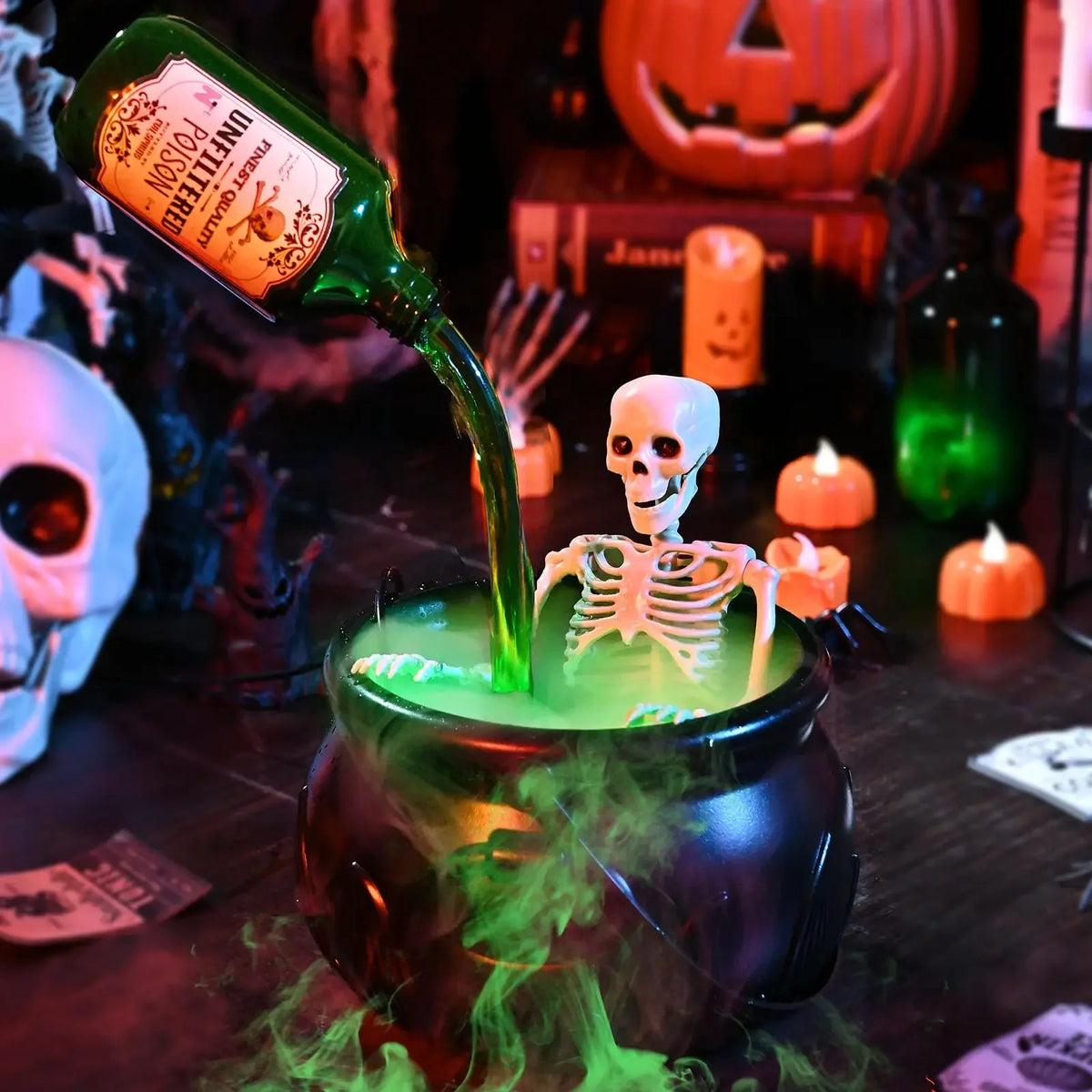 Halloween WitchCauldron with LED Light & Fog Mist Maker Skeleton Decor for Spooky Hocus Pocus Party, Home, Halloween Party