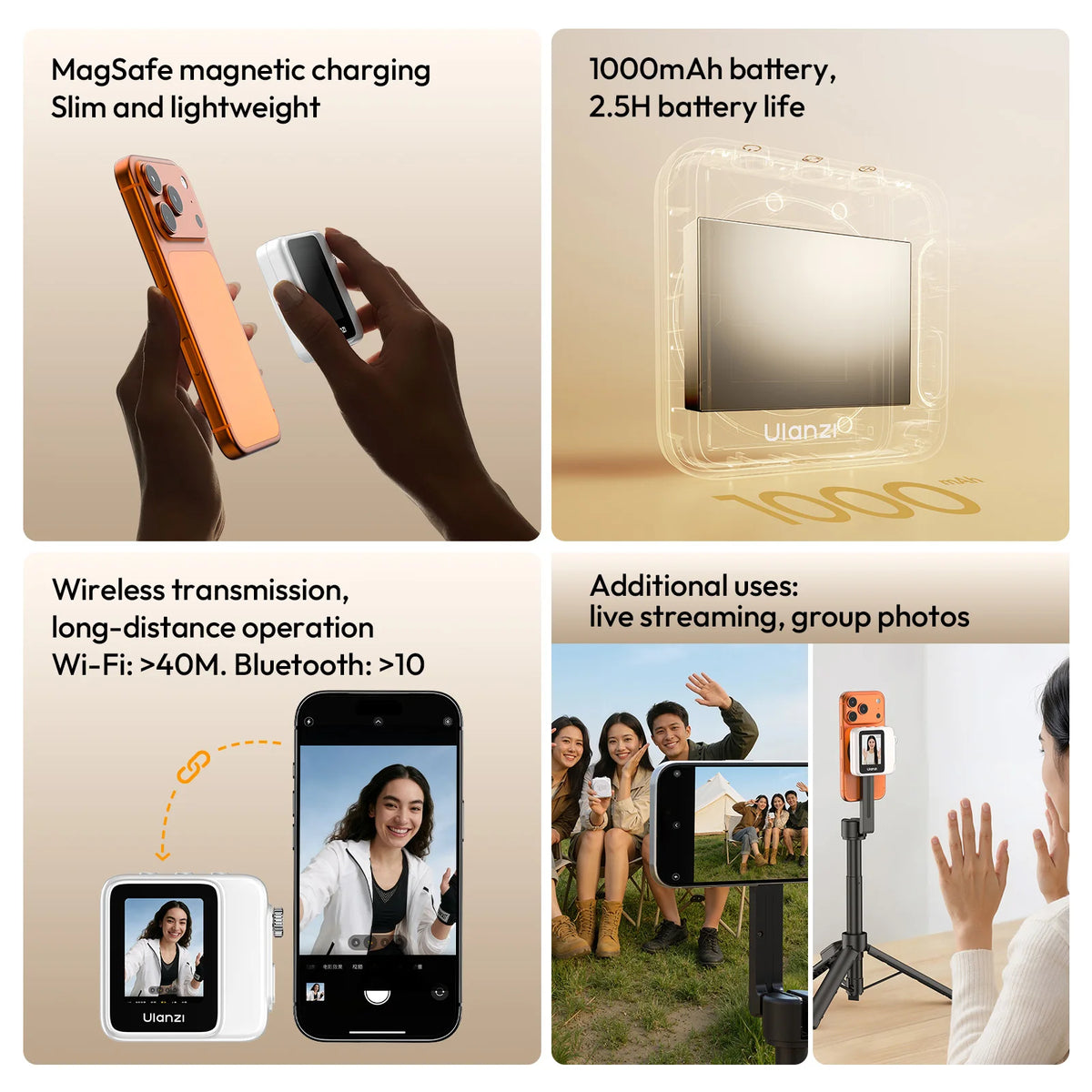 Ulanzi VM02 Selfie Monitor Screen Magnetic Mirroring for iPhone 17 16 PRO Smartphone Android Vlog with Remote Control Wireless