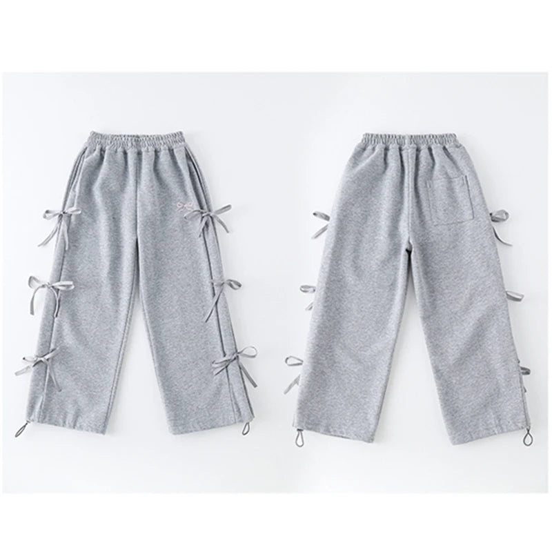 Autumn Child Cotton Sports Pants with Side Bows For Girls Grey Color Casual Trousers Teenage Kids High Street Sporty Sweatpants