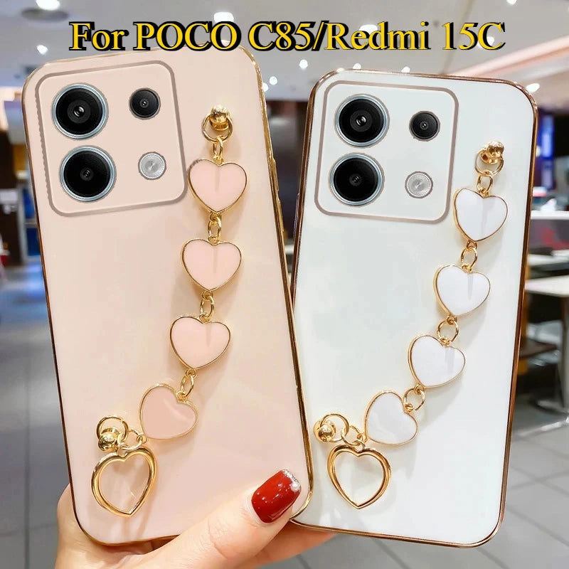 3D Love Heart Chain Soft Case For Redmi 15C Plating Silicone Shockproof Cover For POCO C85 Phone Protective Cases For Redmi 15C