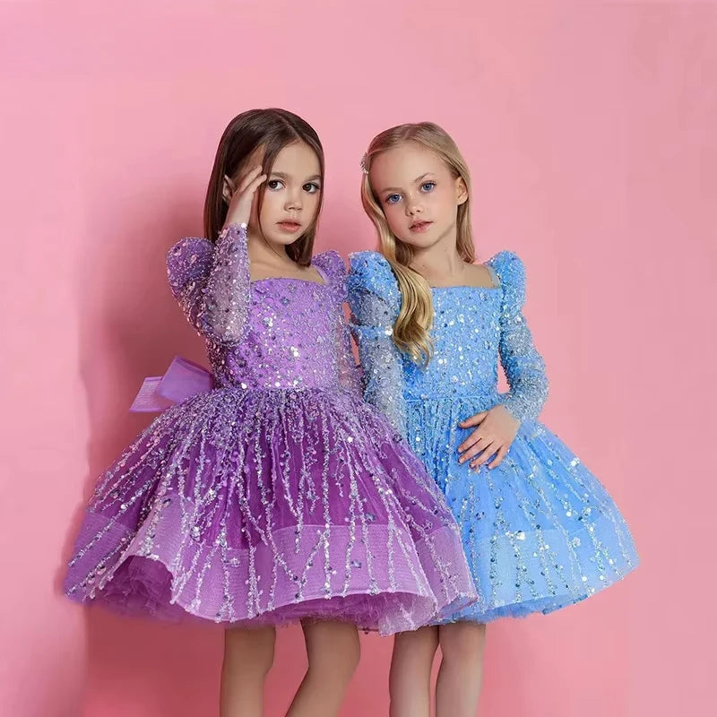 Girls Sequin Mesh Long Sleeve Birthday Party Dress Baby Girl Opening Ceremony Prom Gown New Childrens Dress Cute Kids Clothes