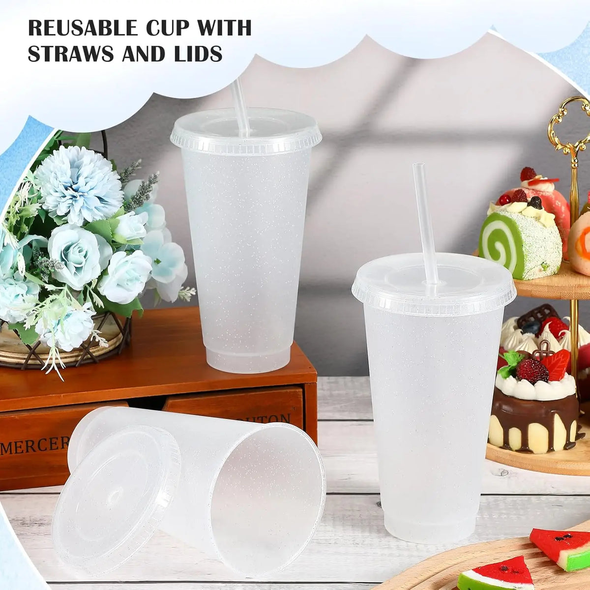 6 Pcs Reusable Tumbler with Lids and Straws Plastic Iced Coffee Tumbler Glitter Travel Mug Cup for Smoothie Juices Cold Drink