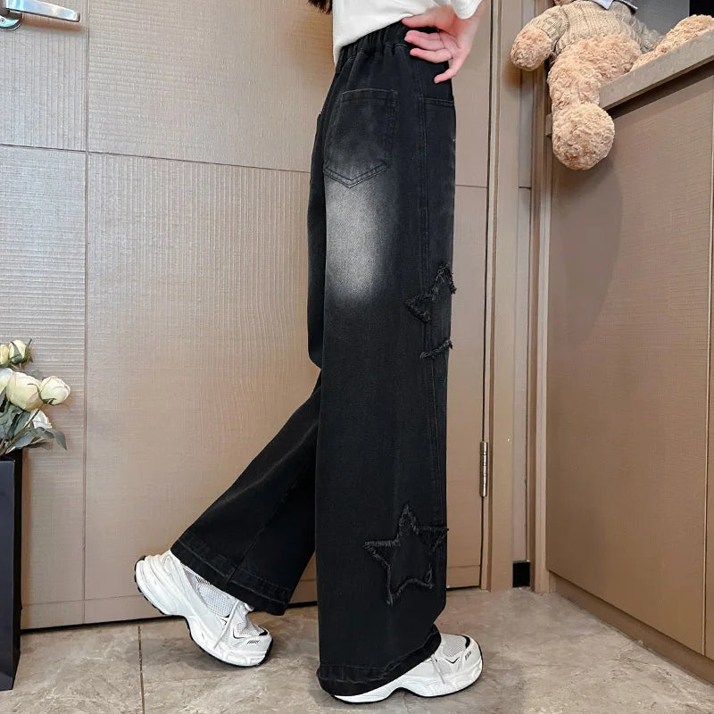 Elegant Kids Black Color Jeans For Girl Casual Street Style Denim Pants Teenager Child Fashion Straight Jeans Trousers With Star