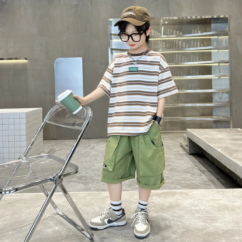 Children 2026 New Summer Striped Clothing Set Top And Bottom Suit for Tween Boys Casual Tracksuit Tshirt Shorts Kids Clothes Set