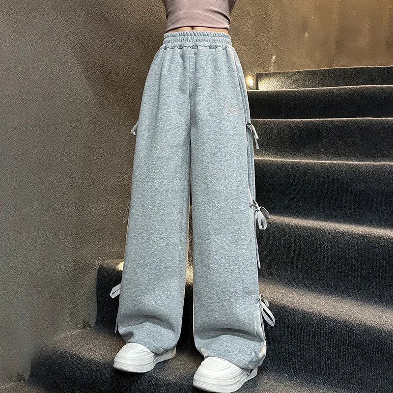 Autumn Child Cotton Sports Pants with Side Bows For Girls Grey Color Casual Trousers Teenage Kids High Street Sporty Sweatpants