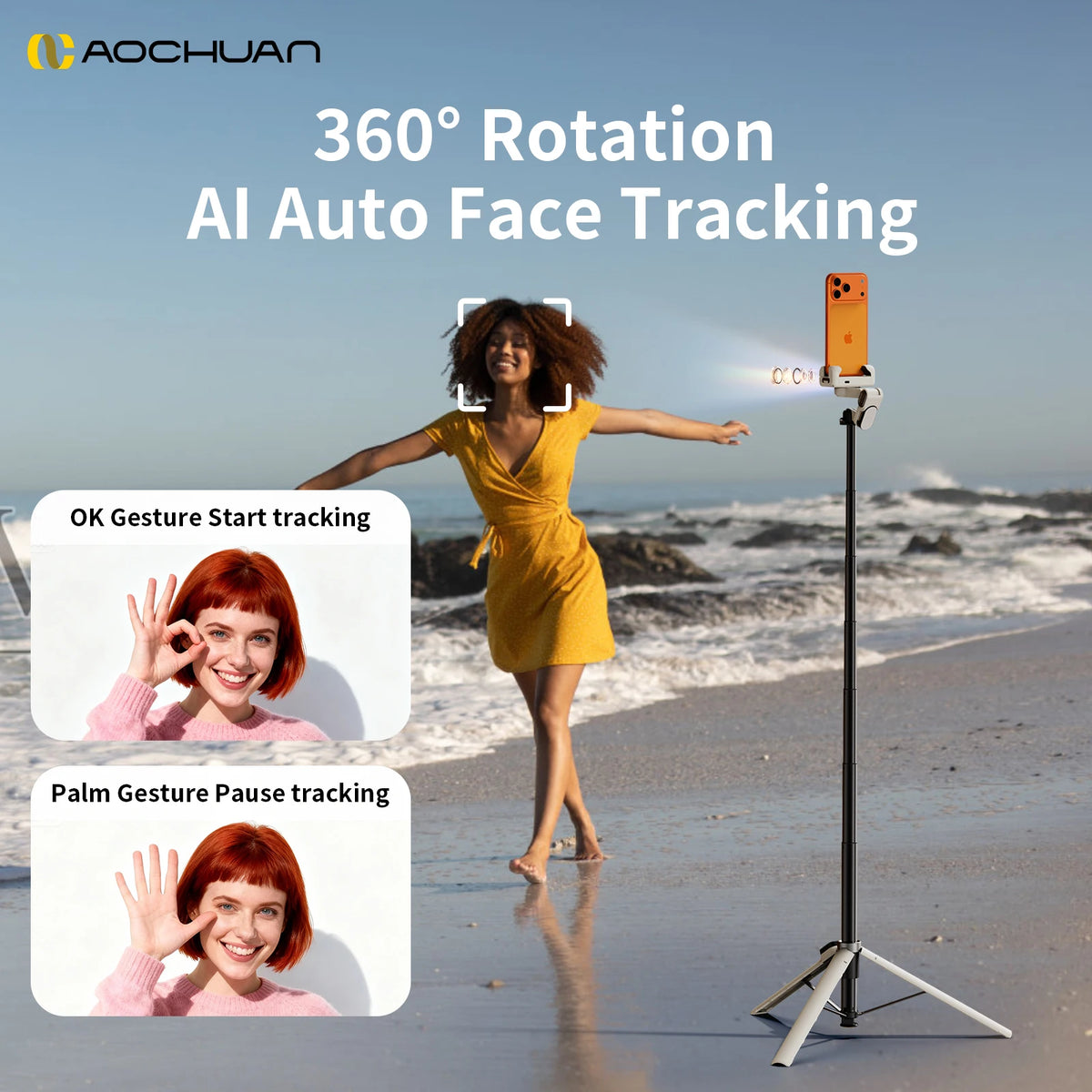 AOCHUAN M3pro Gimbal Stabilizer Built-in 1.8m Extension Rod 360° Rotation AI Face Tracking with Fill Light Phone Selfie Stick