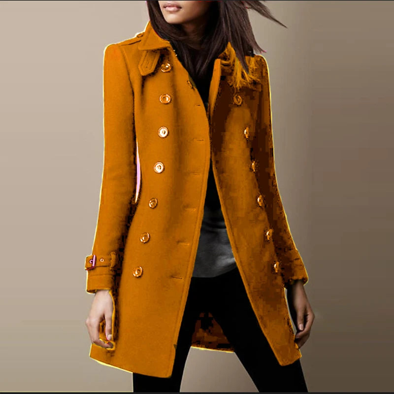 New Women's Autumn Winter Woolen Coat Loose Casual Classy Mid-Length Nicole Outerwear Double-Breasted Polyester Triacetate