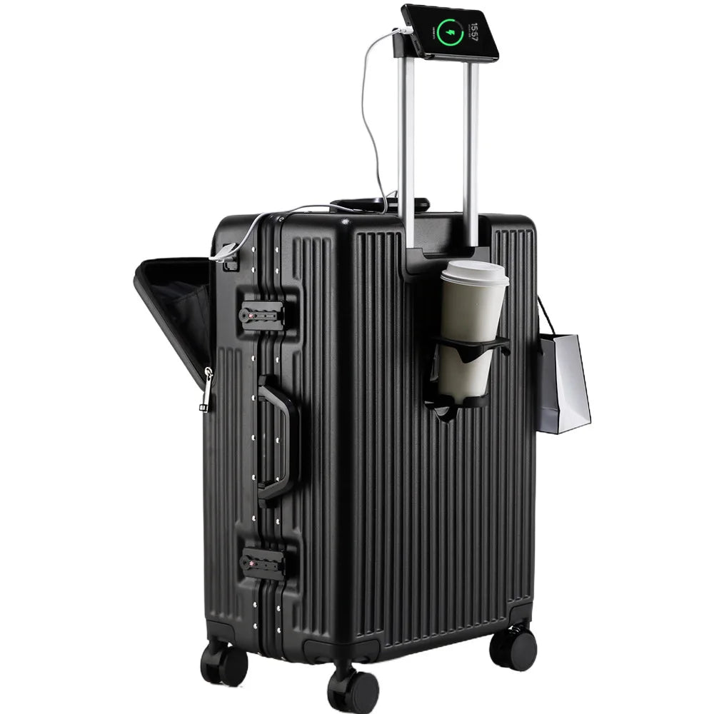 Aluminium Frame Suitcase Front Opening Cabin Luggage with USB Cup Holder Female Trolley Case Male Brake Wheel Travel Suitcase