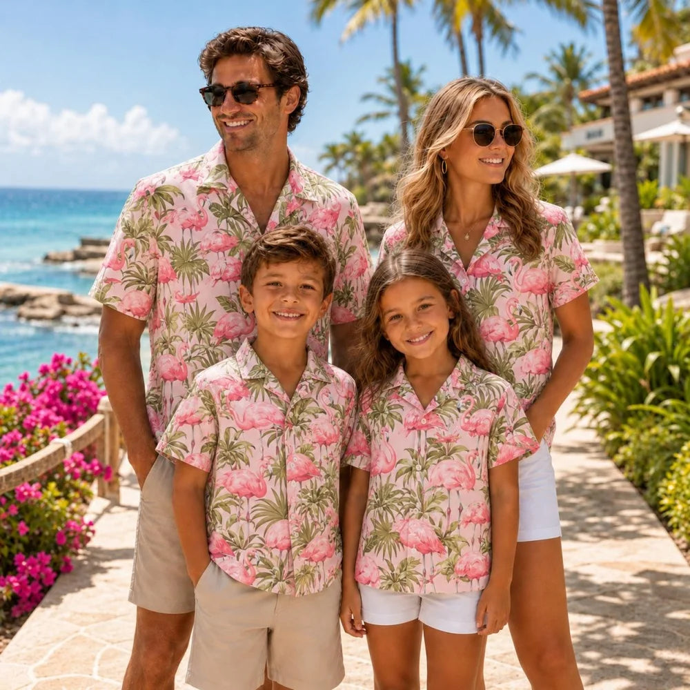 Family Matching Flamingo Hawaiian Shirts Hawaii Beach Floral Matching Outfits Mom Dad Kids Gift for Summer Vacation T-Shirt Tops