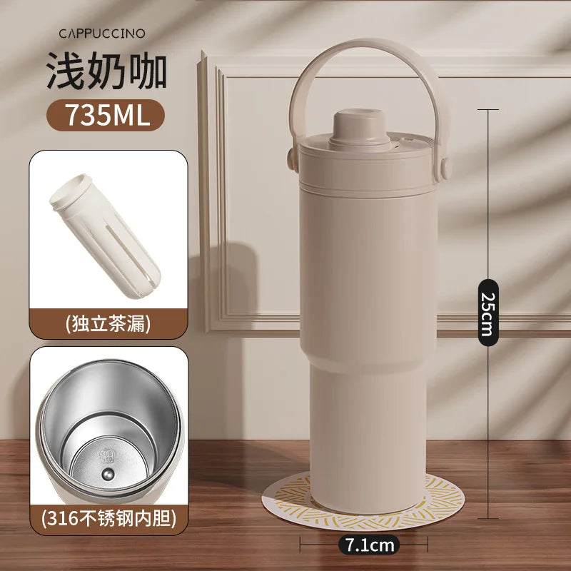 735ML Tumbler with Straw Portable Handle Cold Coffee Thermos  24OZ  316 Stainless Steel Inner nsulated Travel Mug Water Bottle