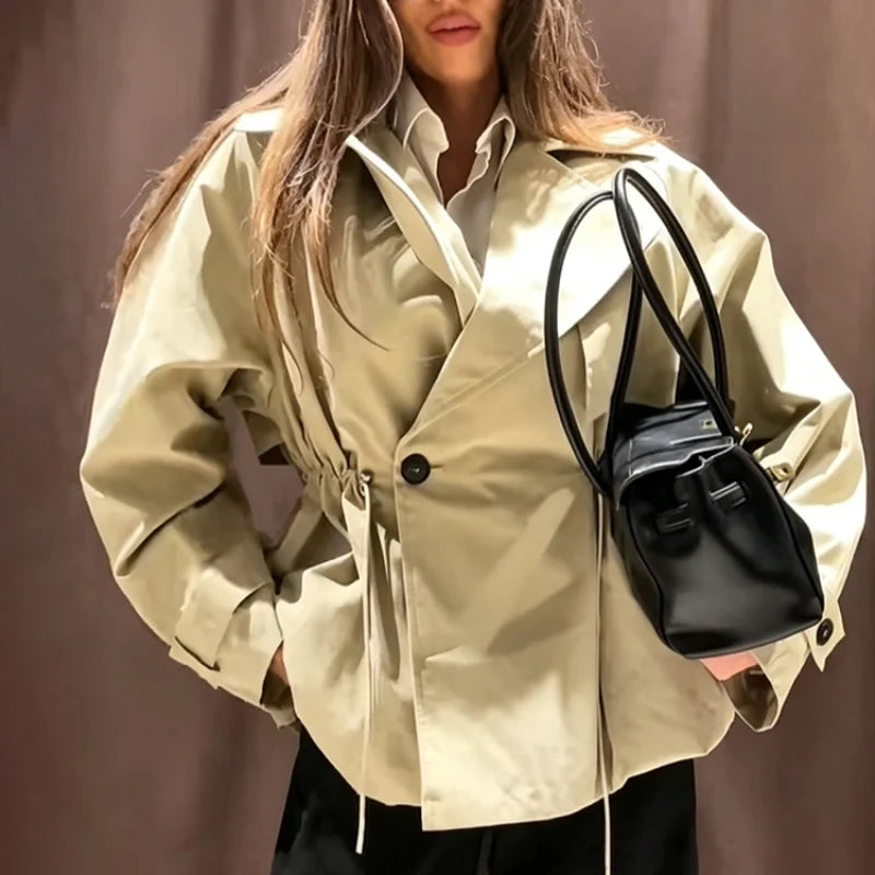 Simple Commute Lady Trench Coat Collar Tie Waist Cinched Button Patchwork Jacket 2026 Fall Chic Korean Office Daily Outerwear