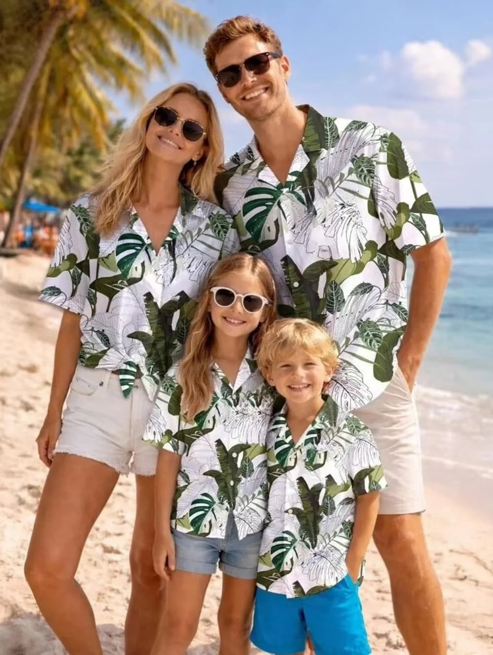 Hawaiian Children's Shirt Plant Flower Pattern Print Family Dress Blue Green Vacation Beach Parent Child Shirt Men's Sports Top