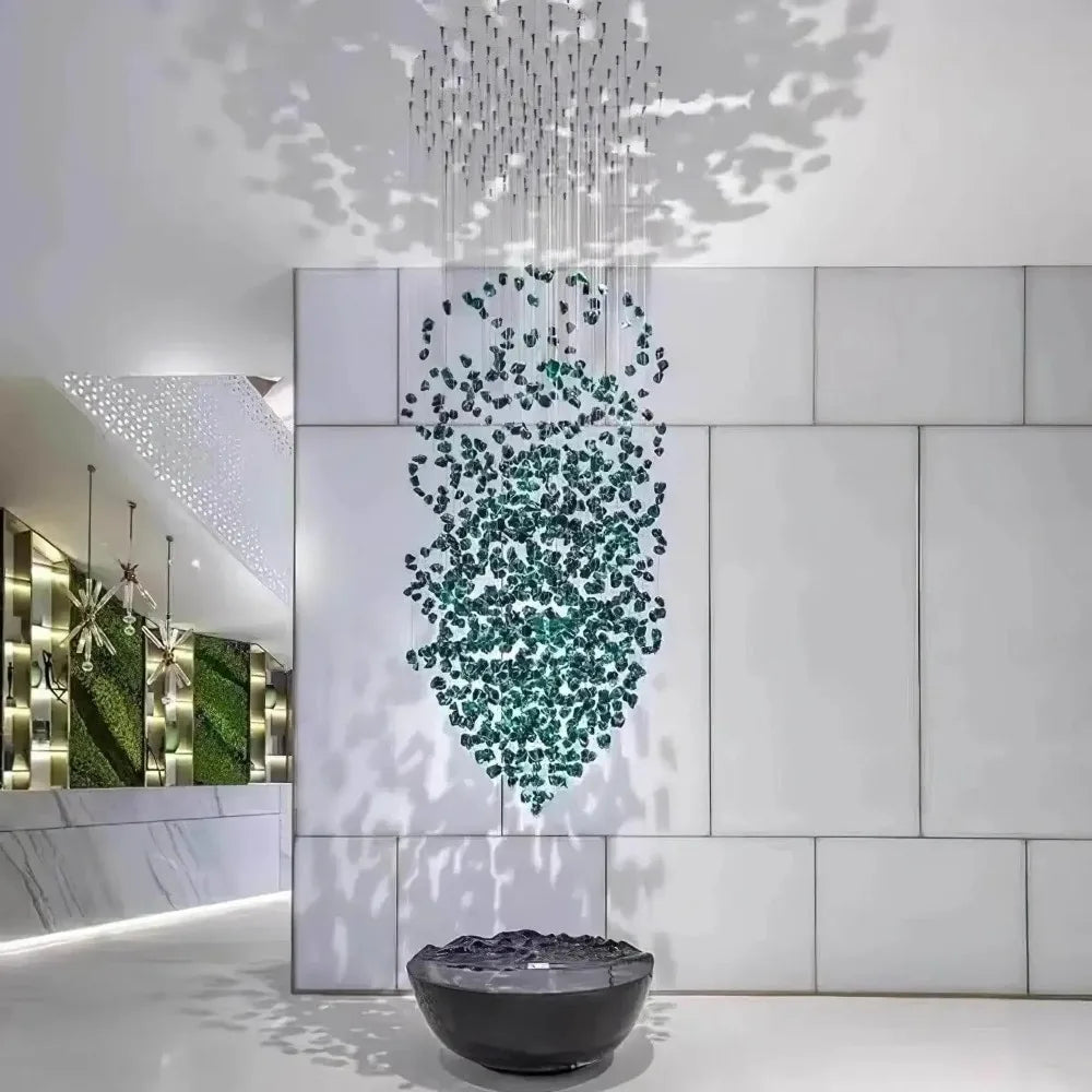 Luxury Large Green Crystal Stone Chandelier for Lobby Loft Staircase Project Modern LED Color Crystal Hanging Chandelier Custom
