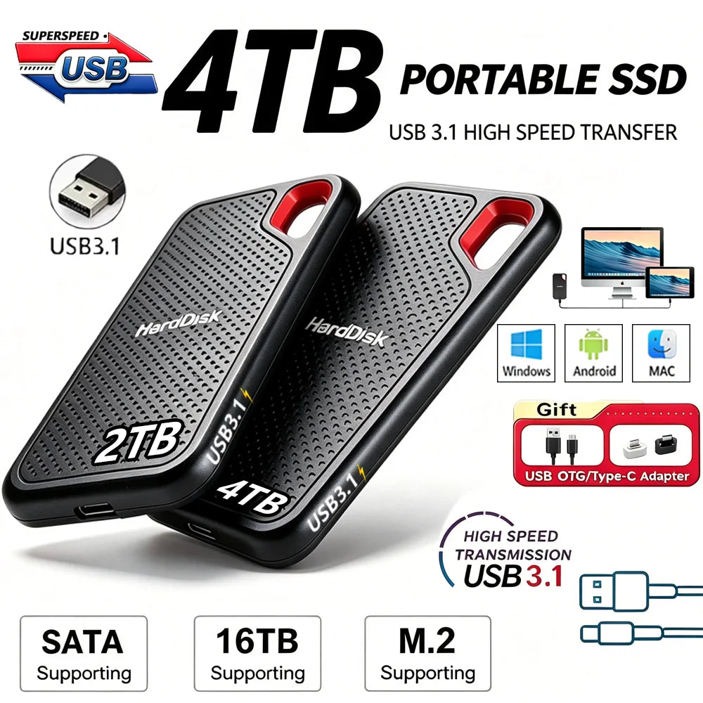 Portable SSD High Speed External Hard Drive 1TB 2TB 4TB USB 3.1 Storage Device for Laptop Mac Notebook PC Mobile Media Files