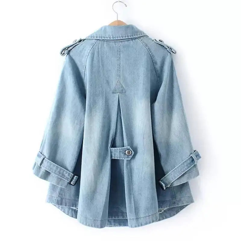 Denim Cape Coat Female Jacket Double Breasted Jackets Women Office Lady Windbreaker Denim Basic Coats Autumn Overcoat