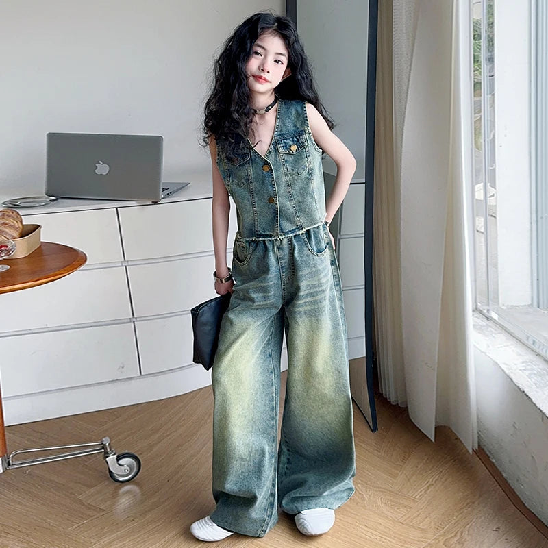 High Fashion Child Streetwear Jeans Set for Girls Casual Denim 2 Pieces Suit Outfits Kids Trendy Y2K Hip Hop Street Clothing Set