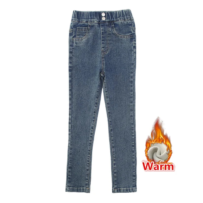 Girl Winter High Waist Insulate Skinny Jeans For Kids Black Blue Thermal Close-fitting Denim Pants Child Leggings Jeans Trousers