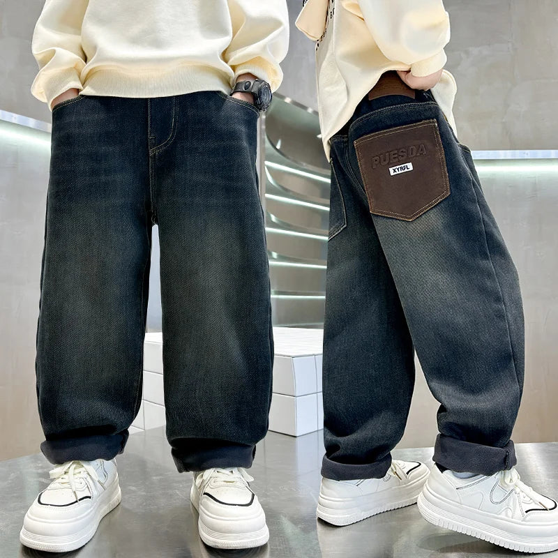 Cowboy Autumn Winter Big Boy Thermal Jeans High Street Denim Pants Kids Retro Blue Warm Baggy Insulated Jeans Trousers For Kids