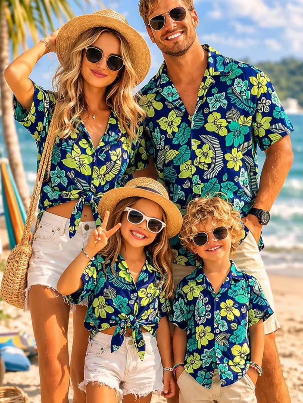 Hawaiian Children's Shirt Plant Flower Pattern Print Family Dress Blue Green Vacation Beach Parent Child Shirt Men's Sports Top