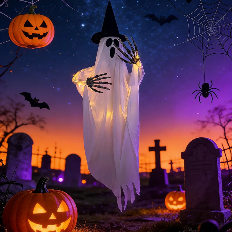 Glowing Ghost Hanging Wizard Hat Ghost Creepy Decorative Halloween Ghost Pendant Spooky Horror Ghosts Haunted House