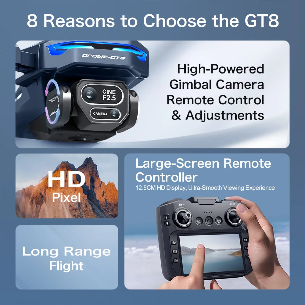 New GT8 Mini Drone 8K Professional HD 360° Dual Cameras 5G GPS WIFI Brushless Motors Obstacle Avoidance Foldable Quadcopter Toys