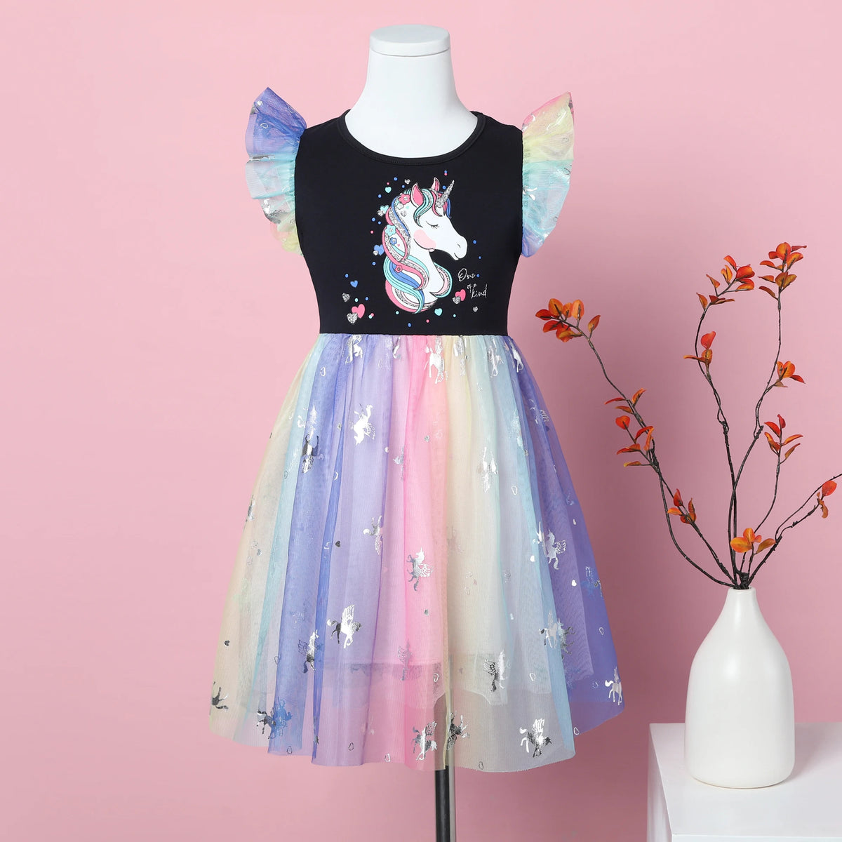Girl's Summer Cartoon Unicorn Print Rainbow Mesh Splice Princess Birthday Party Sleeveless Dress SH1791