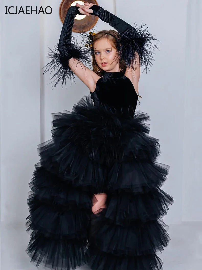 Black halter train multi-layered tulle dress No gloves girls dress for girls Kid costumes Princess Shaggy  dress Summer
