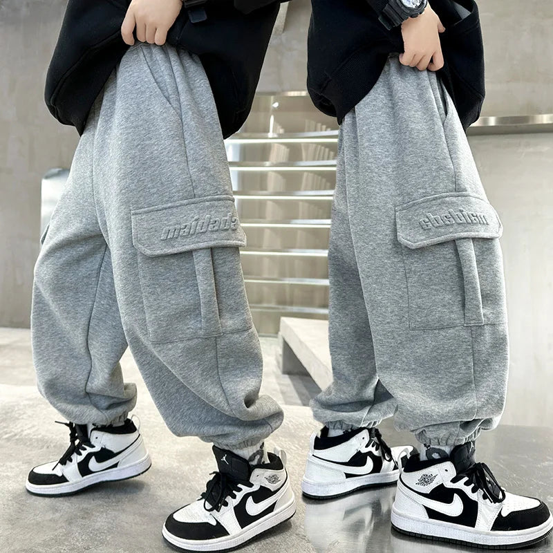 Breif Style Child Spring Autumn Cotton Sports Cargo Trousers for Teens Boy New Casual Sporty Track Pants Kids Pocket Sweatpants