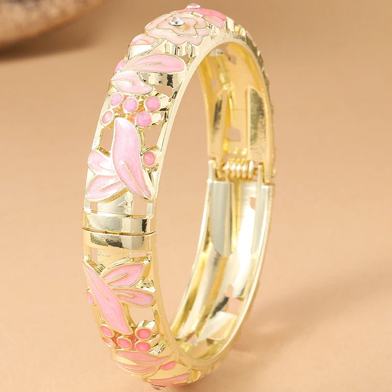 Jardme Rose Flower Enamel Bracelets For Women Ethnic Style Gold Plated Hollow Cloisonne Bangles Women's Jewelry Accessories