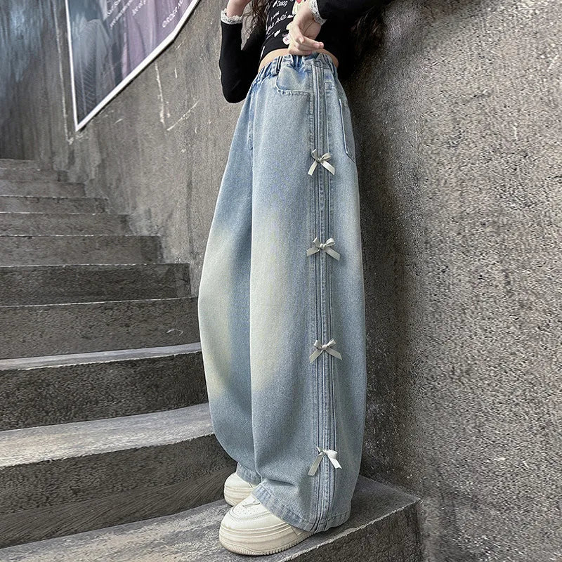 Children Spring Autum Baggy Jeans with Side Pull Strip Bow Tweens Girl Casual Denim Pants Kids Streetwear Trousers Hot Selling