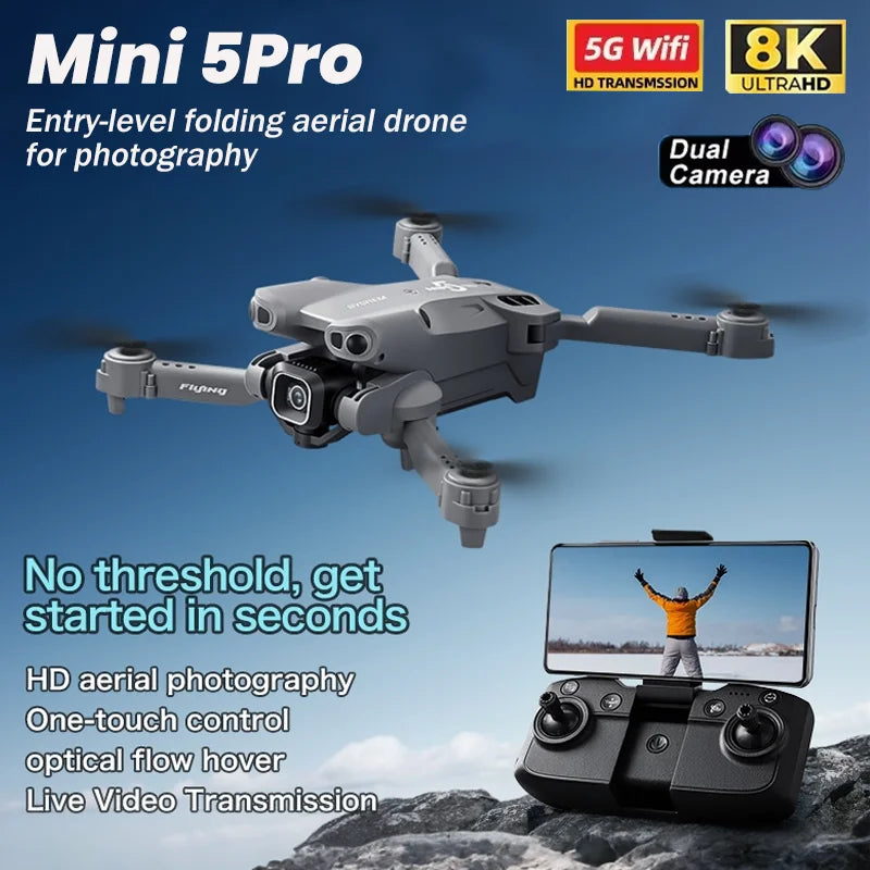 NEW MIni 5 Pro RC Drone 8K HD Dual Cameras 5G WIFI Photography Helicopter Brushless Obstacle Avoidance Folding Quadcopter RC Dro